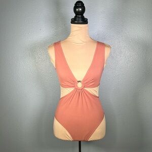 Seamless Orange ribbed vacation resortwear cut out ring detail bodysuit sz L